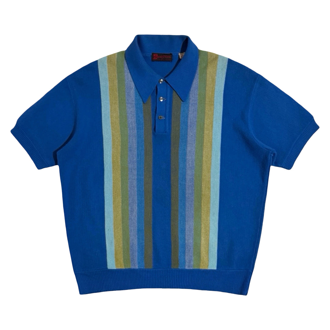 1950’S GENTRY LTD MADE IN USA CROPPED STRIPED OCEAN BLUE KNIT S/S B.D. POLO SHIRT X-LARGE