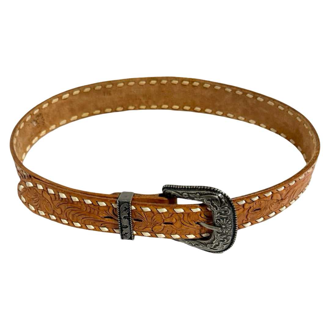 1970’S TONY LAMA MADE IN USA HANDTOOLED FLORAL WESTERN LEATHER BELT 32