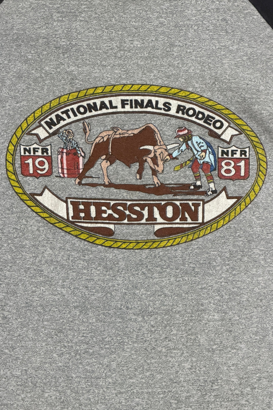 1980’S HESSTON NATIONAL FINALS RODEO MADE IN USA GREY NAVY RAGLAN 3/4 SLEEVE T-SHIRT MEDIUM