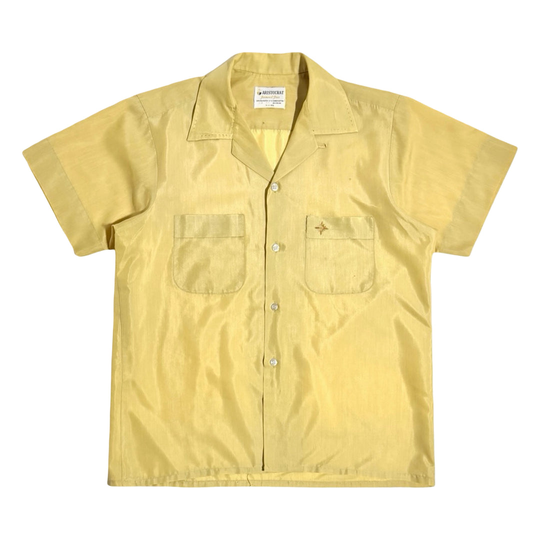 1960’S ARISTOCRAT MADE IN USA FADED &amp; REPAIRED CROPPED SELVEDGE EMBROIDERED YELLOW SATIN LOOP COLLAR S/S B.D. SHIRT LARGE