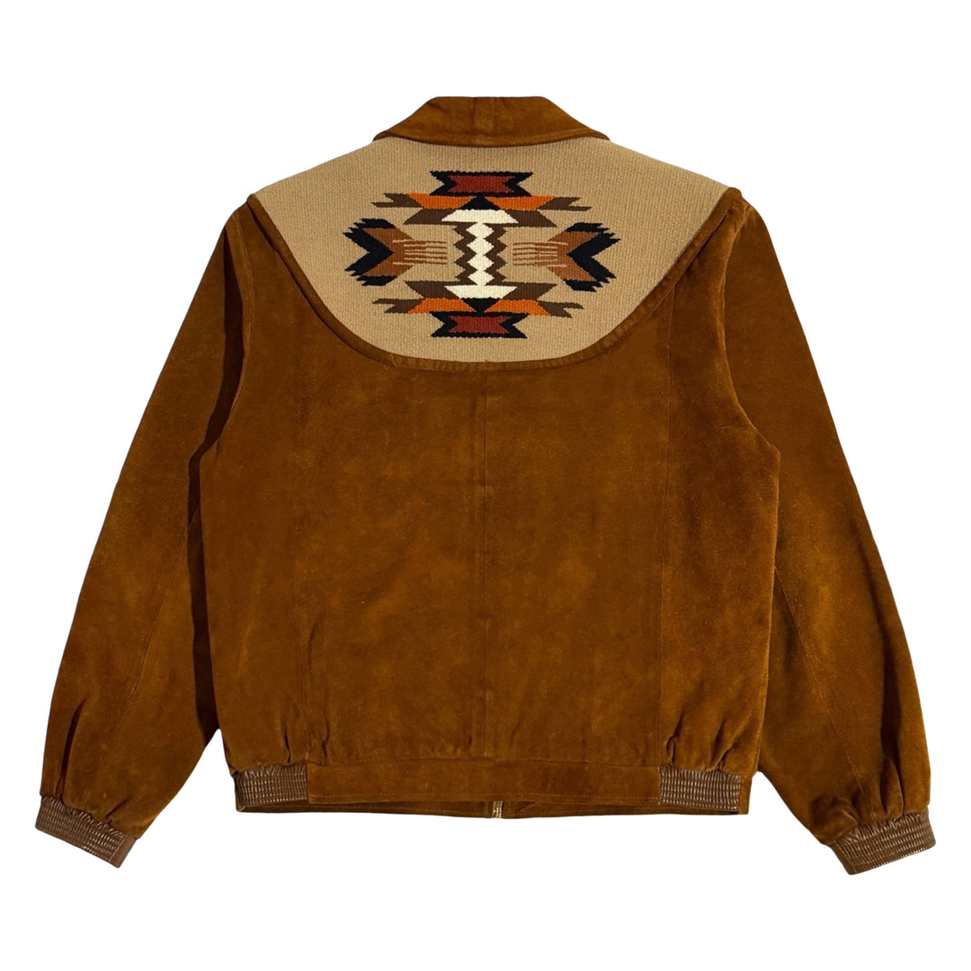 1980’S PIONEER WEAR MADE IN USA CROPPED  COGNAC SUEDE CHIMAYO WEAVING WOOL BLANKET DETAILED BOMBER JACKET LARGE
