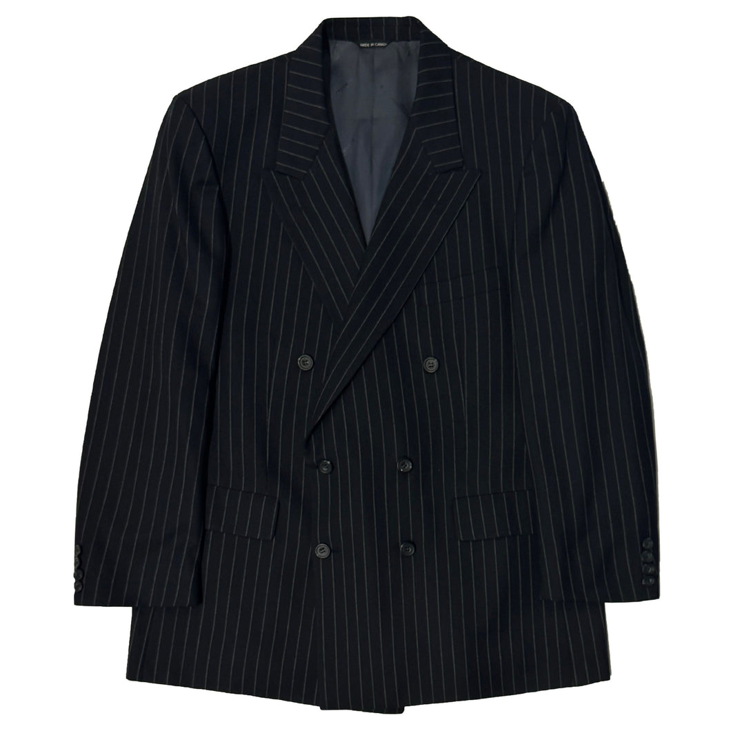 1990’S AQUASCUTUM UNION MADE IN CANADA PINSTRIPE DOUBLE BREASTED NAVY SUIT JACKET 42R