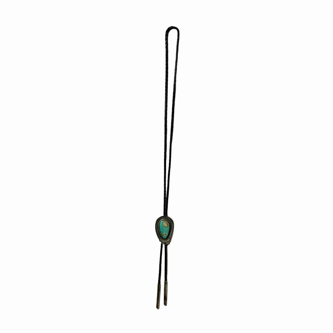 1980’S HERBERT RATION ( NAVAJO, 1959-PRESENT) .925 STERLING SILVER &amp; ROYSTON TURQUOISE CABOCHON BRAIDED LEATHER BOLO TIE