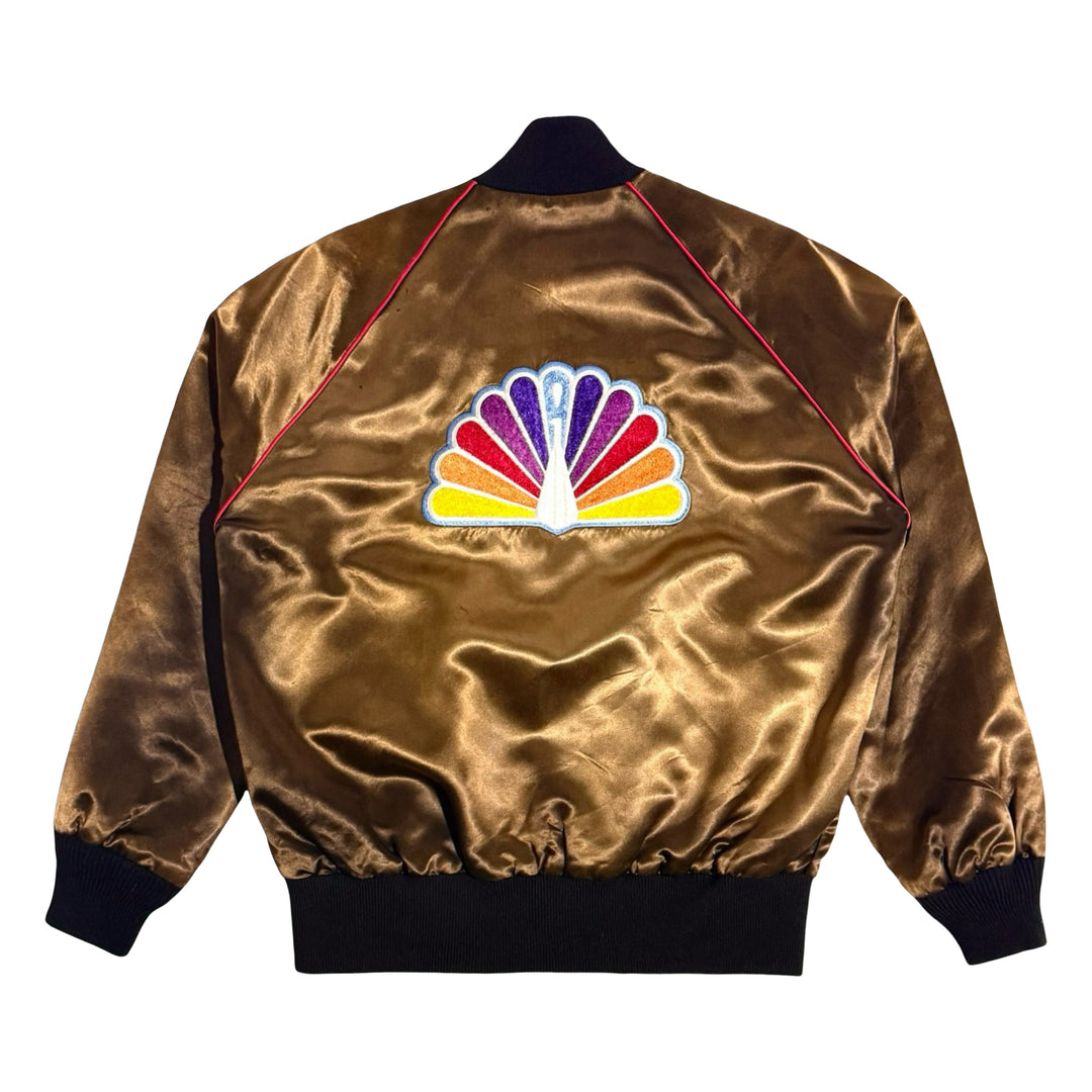 1970’S EAST WEST NORTH HOLLYWOOD MADE IN USA CROPPED CUSTOM EMBROIDERED PEACOCK NBC STUDIOS FADED SATIN BASEBALL JACKET LARGE