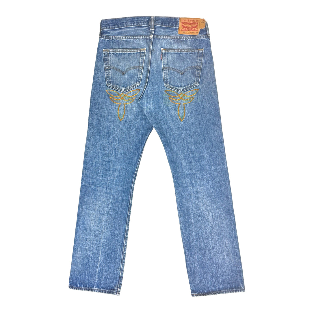 MASK X LEVI’S 501 WESTERN HAND CHAINSTITCHED LIGHT WASH FADED DENIM JEANS SIZE 30 - 36