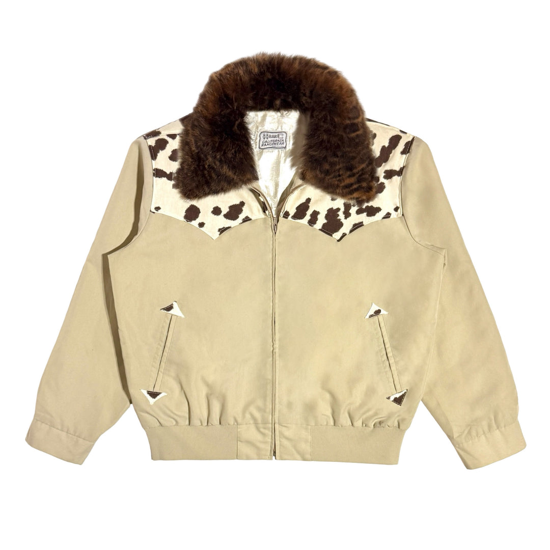 1970’S MASK X H BAR C MADE IN USA CROPPED REMOVABLE LEOPARD PRINT DYED SHEARLING COLLAR NORMANDE COW PRINT YOKE WESTERN BOMBER JACKET X-LARGE