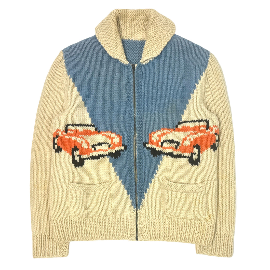 1940’S RACE CAR COWICHAN MADE IN CANADA CROPPED KNIT WOOL CARDIGAN SWEATER JACKET MEDIUM