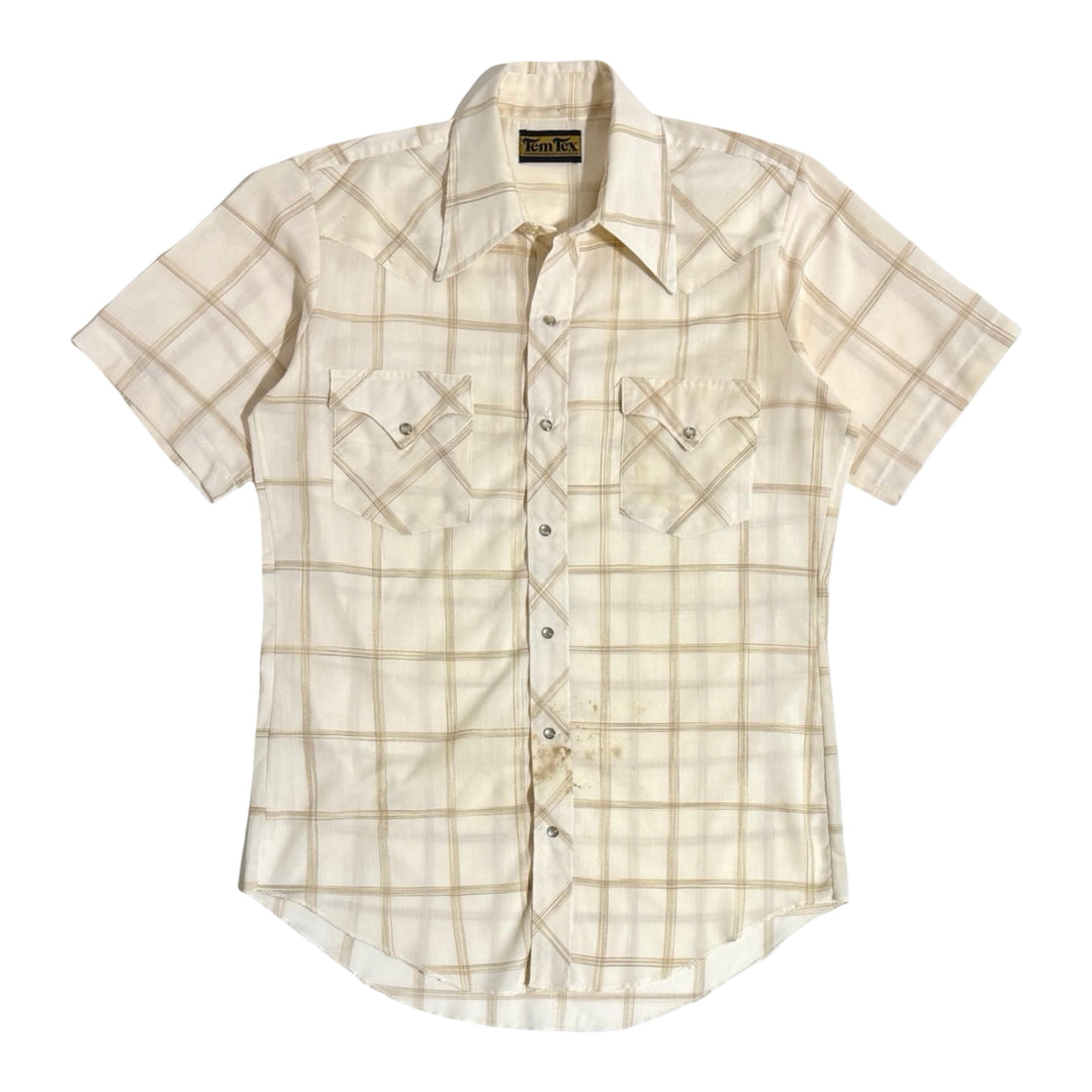 1980’S TEM TEX MADE IN USA THRASHED NEUTRAL CHECK WESTERN PEARL SNAP S/S B.D. SHIRT MEDIUM