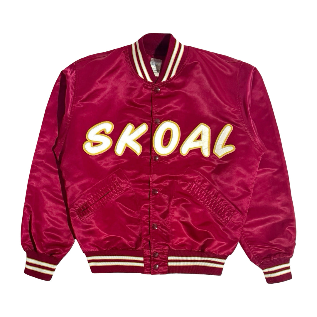 1980’S SKOAL RACING UNION MADE IN USA CROPPED SATIN APPLIQUÉ LETTERING BASEBALL JACKET LARGE