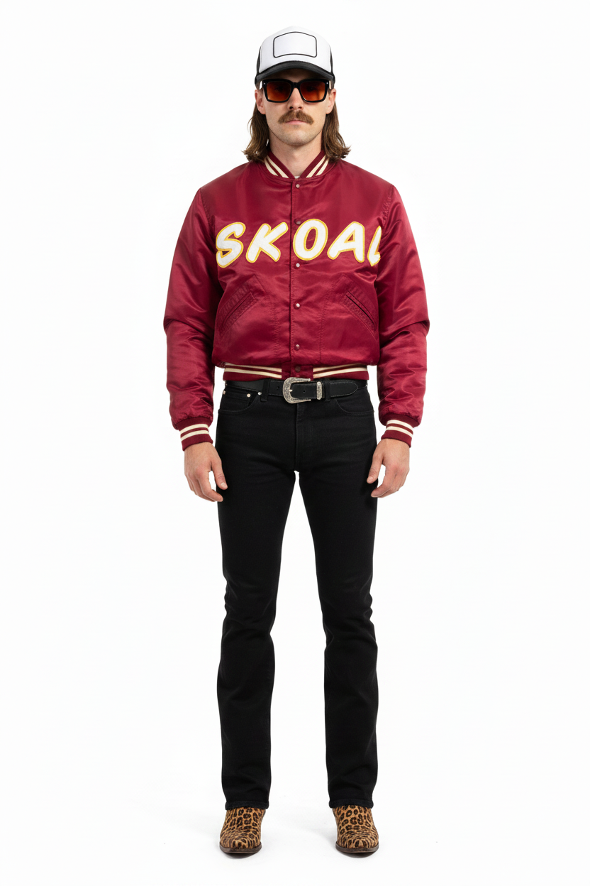 1980’S SKOAL RACING UNION MADE IN USA CROPPED SATIN APPLIQUÉ LETTERING BASEBALL JACKET LARGE