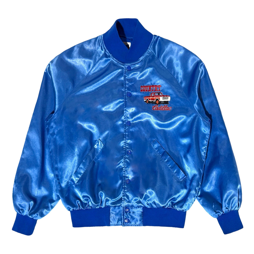 1980’S COUNTRY CADILLAC MADE IN USA CROPPED SATIN RAGLAN SLEEVE BASEBALL JACKET LARGE