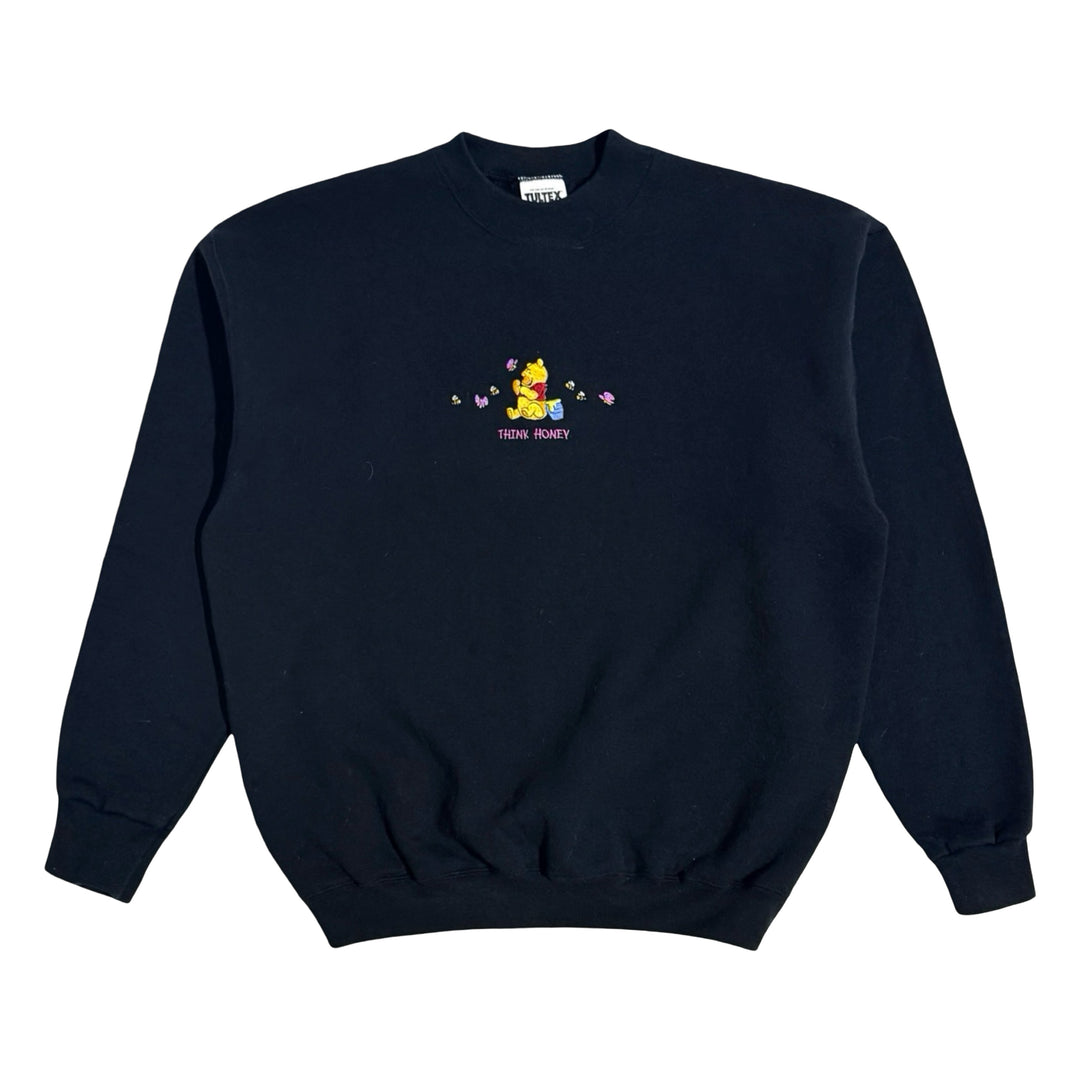 1990’S WINNIE THE POOH EMBROIDERED THINK HONEY FADED BLACK CREWNECK FLEECE SWEATER LARGE