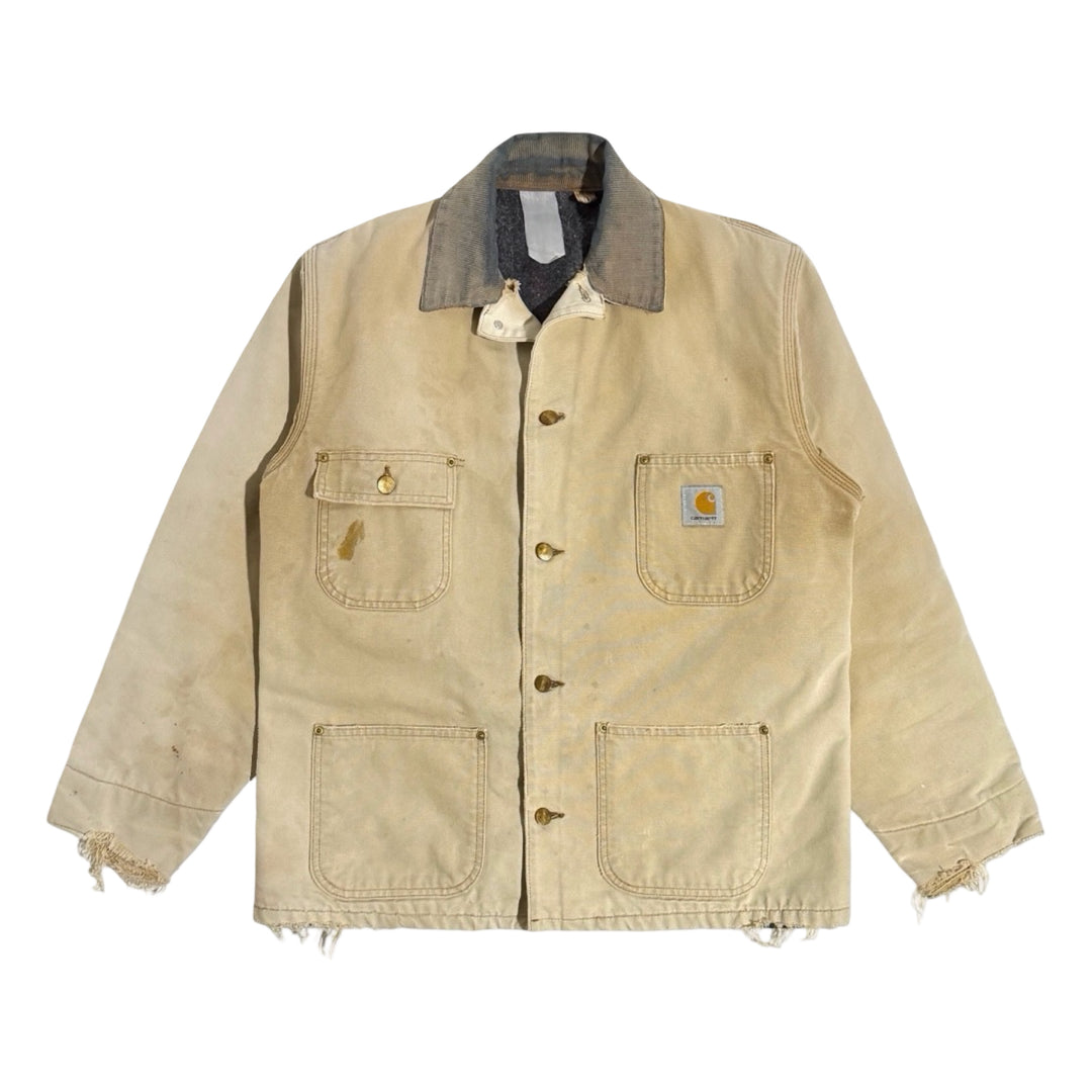 1990’S CARHARTT MADE IN USA THRASHED &amp; FADED DUCK CANVAS CORDUROU COLLAR BARN COAT JACKET X-LARGE