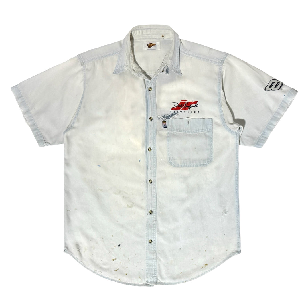 1990’S DALE EARNHARDT JR MADE IN USA THRASHED & REPAIRED DENIM S/S B.D. SHIRT X-LARGE