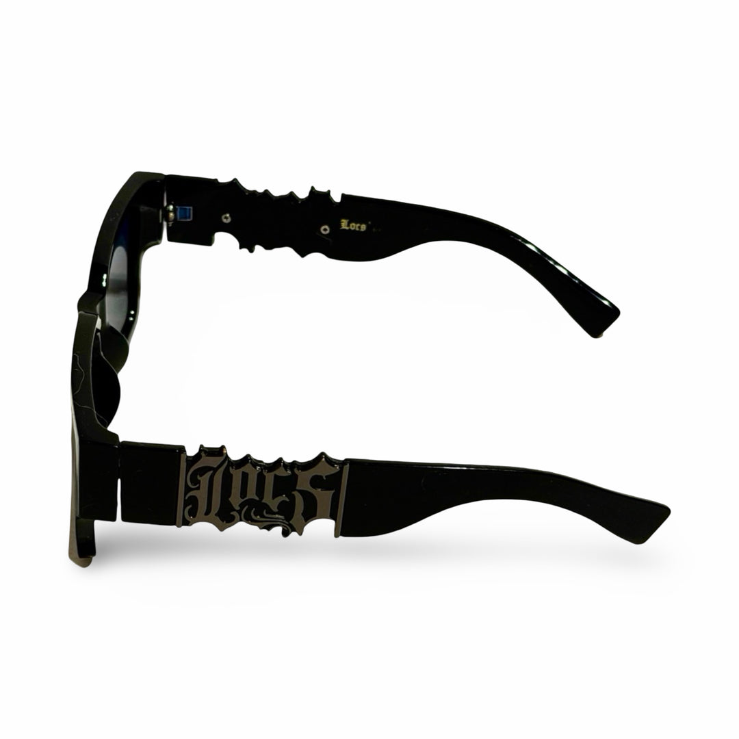 2000’S LOCS OLD ENGLISH THICK BLACK ACETATE WRAPAROUND FRAME WITH BLACK LENSE SUNGLASSES