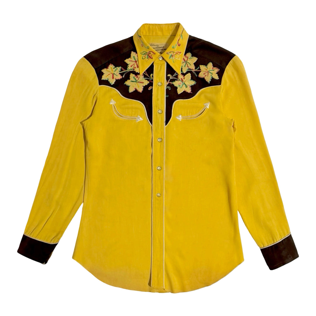 1940’S CALIFORNIA RANCHWEAR LOS ANGELES MADE IN USA CHAINSTITCHED FLORAL APPLIQUÉ SMILE POCKET YELLOW & BROWN CONTRAST GABARDINE WESTERN PEARL SNAP L/S B.D. SHIRT MEDIUM