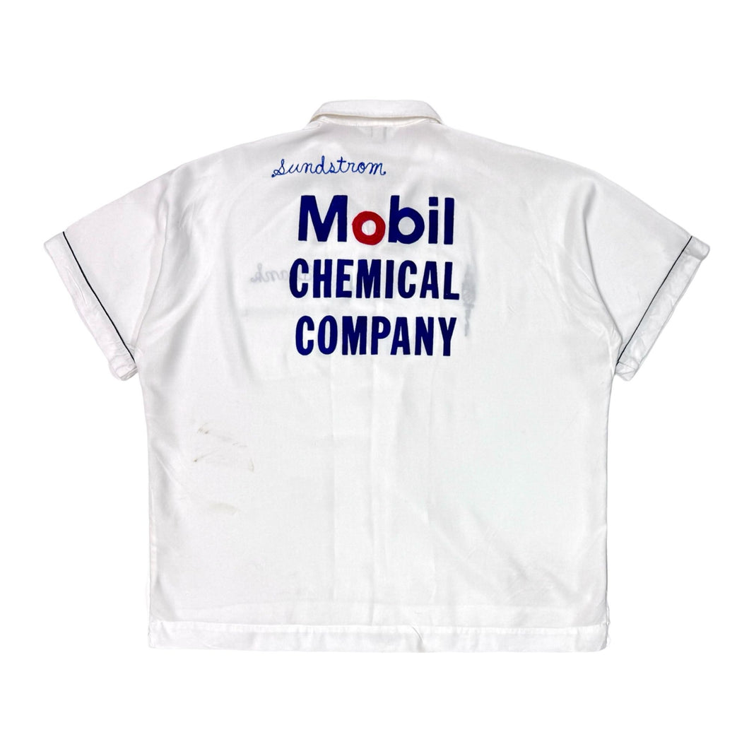 1960’S NAT NAST MOBIL MADE IN USA CROPPED RAYON CHAINSTITCHED FLOCKED LETTER S/S B.D. BOWLING SHIRT X-LARGE