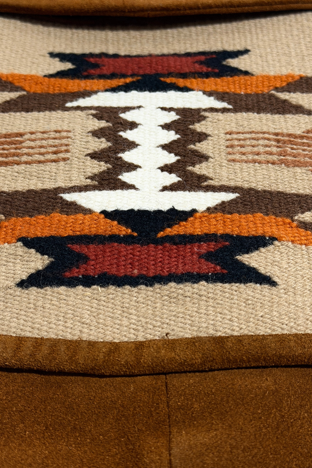 1980’S PIONEER WEAR MADE IN USA CROPPED  COGNAC SUEDE CHIMAYO WEAVING WOOL BLANKET DETAILED BOMBER JACKET LARGE