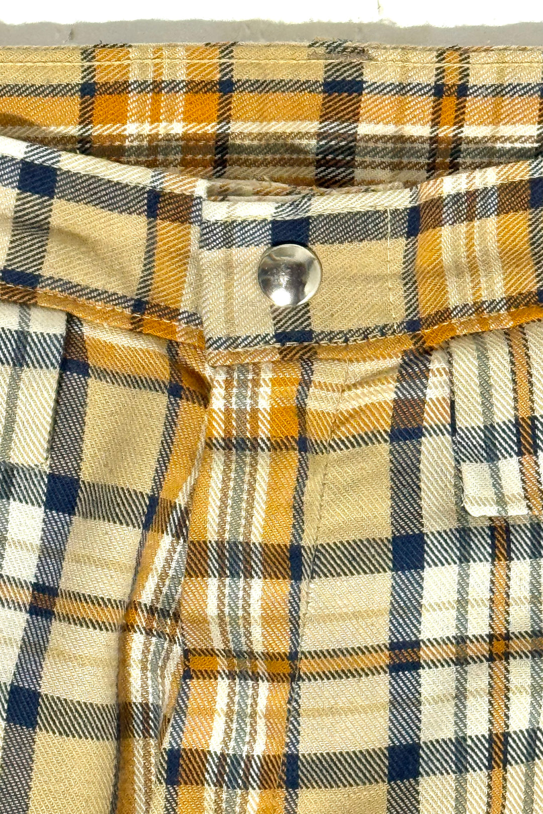 1970’S TAN OCHRE CHECK PLAID MADE IN USA FLARE HIGH WAISTED BELL BOTTOM PANTS 30 X 30