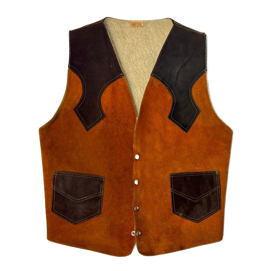 1960’S LENORA’S LEATHERS TWO TONE SUEDE LEATHER SHERPA LINED WESTERN VEST MEDIUM