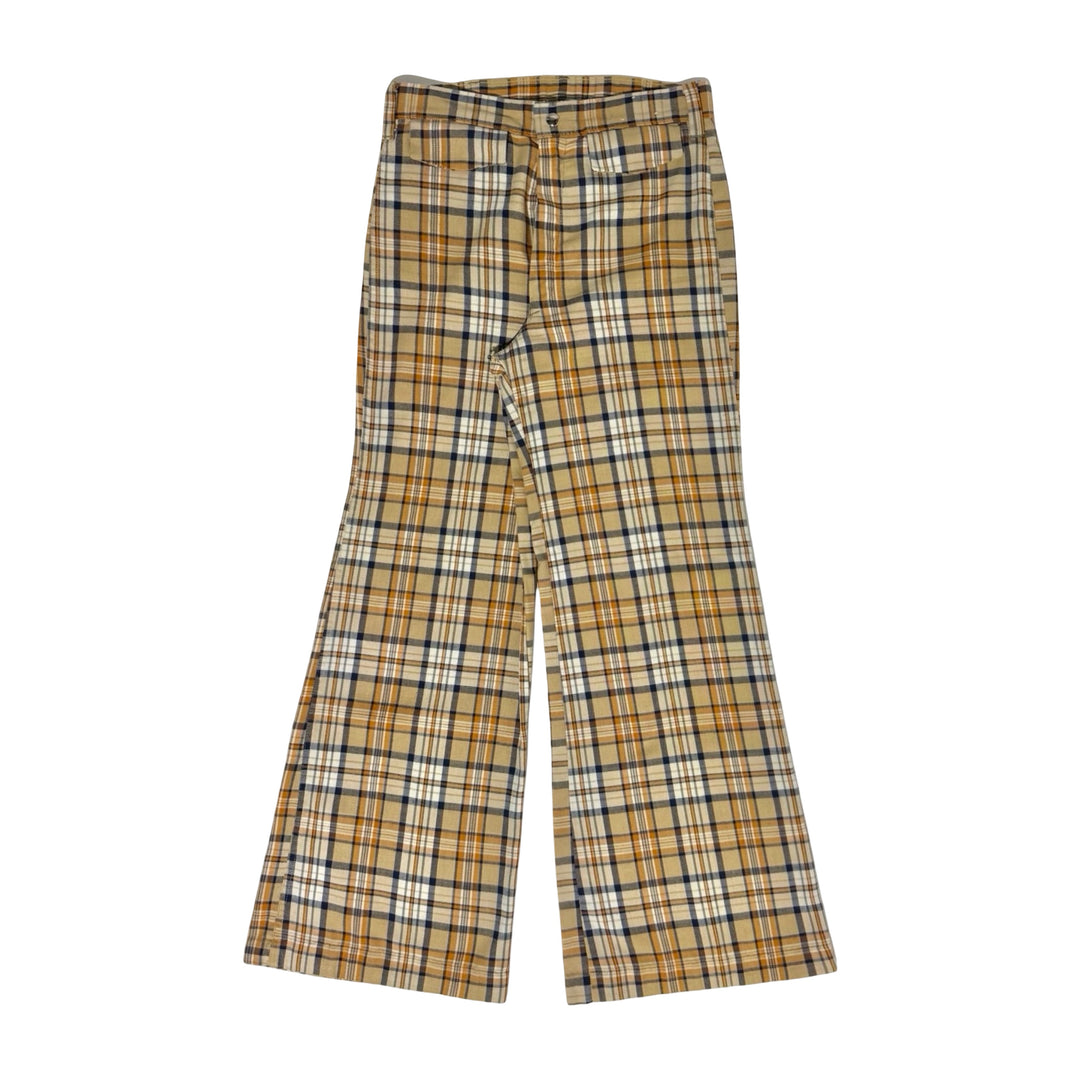 1970’S TAN OCHRE CHECK PLAID MADE IN USA FLARE HIGH WAISTED BELL BOTTOM PANTS 30 X 30