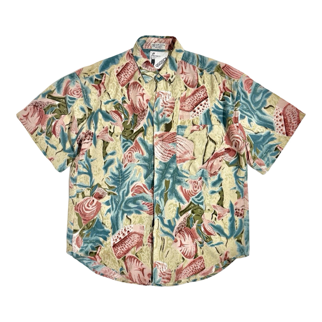 1980’S GOOUCH OCEAN PRINTED DRAPEY 100% RAYON CAMP COLLAR S/S B.D. SHIRT LARGE
