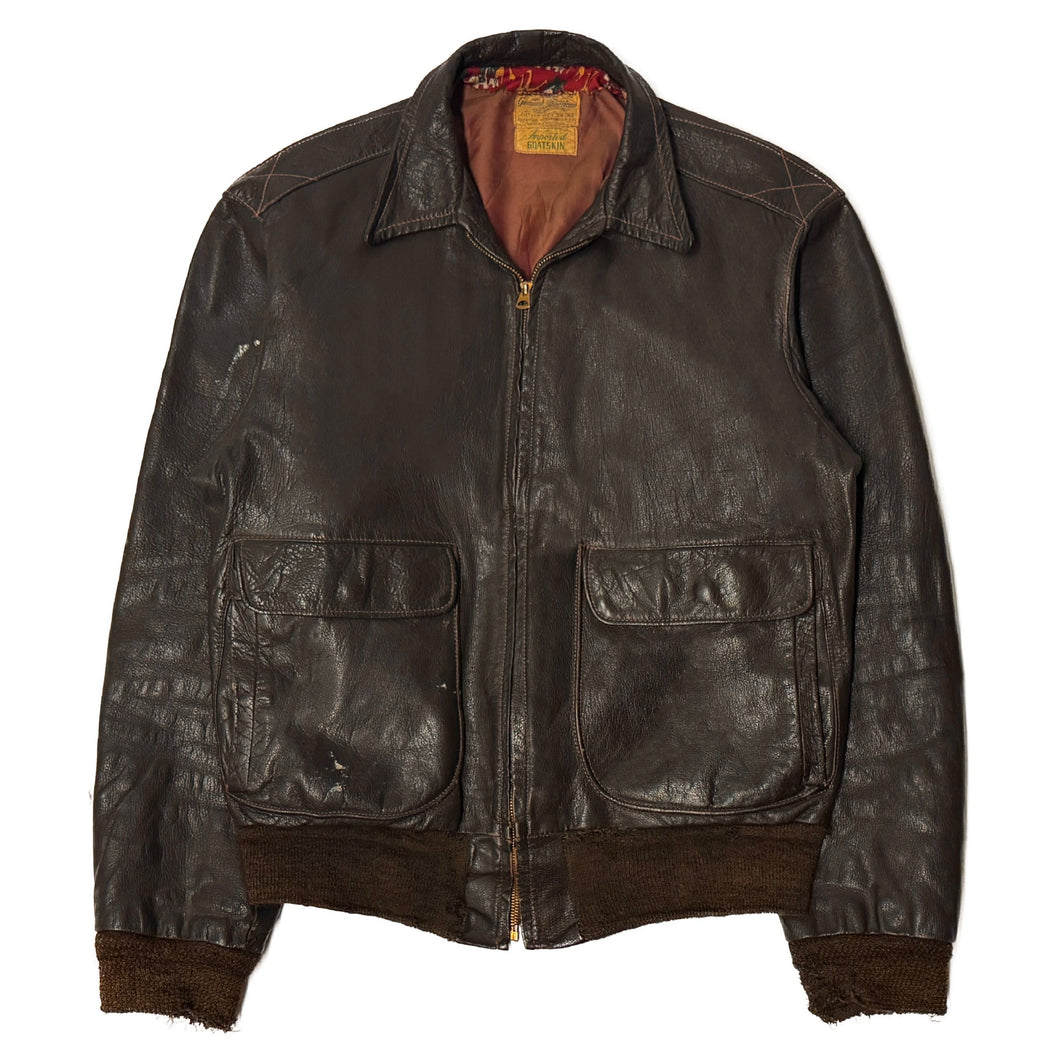 1950’S GENUINE AMERICAN LEATHER SPORTSWEAR MADE IN USA THRASHED & REPAIRED GOATSKIN A-2 BOMBER JACKET MEDIUM