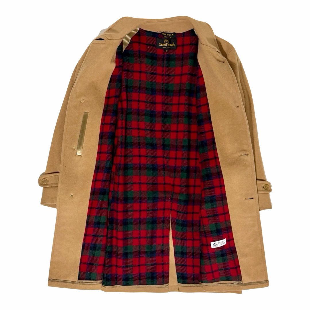 Zero King camel coat open showing tartan plaid lining