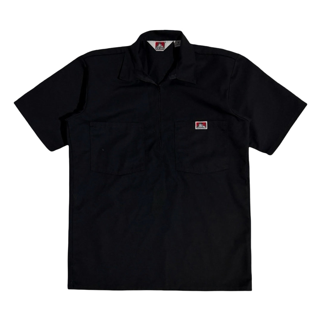 1990’S BEN DAVIS MADE IN USA CROPPED BLACK TWILL HALF ZIP S/S B.D. WORK SHIRT MEDIUM