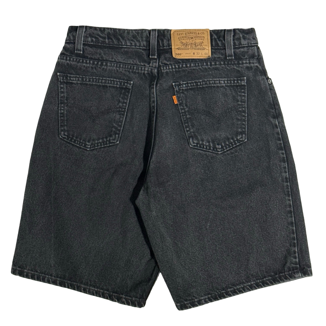 1990’S LEVI’S ORANGE TAB 560 MADE IN USA FADED BAGGY 9” BLACK DENIM SHORTS 30