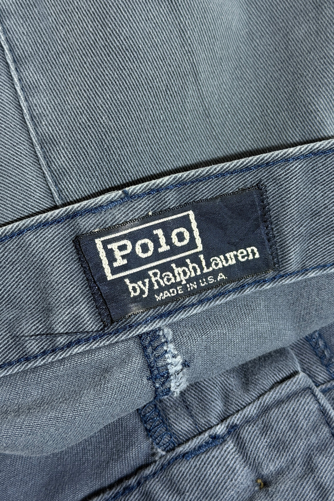 1980’S POLO RALPH LAUREN MADE IN USA FADED NAVY BLUE HIGH WAISTED PLEATED CHINO TROUSERS 34 X 30