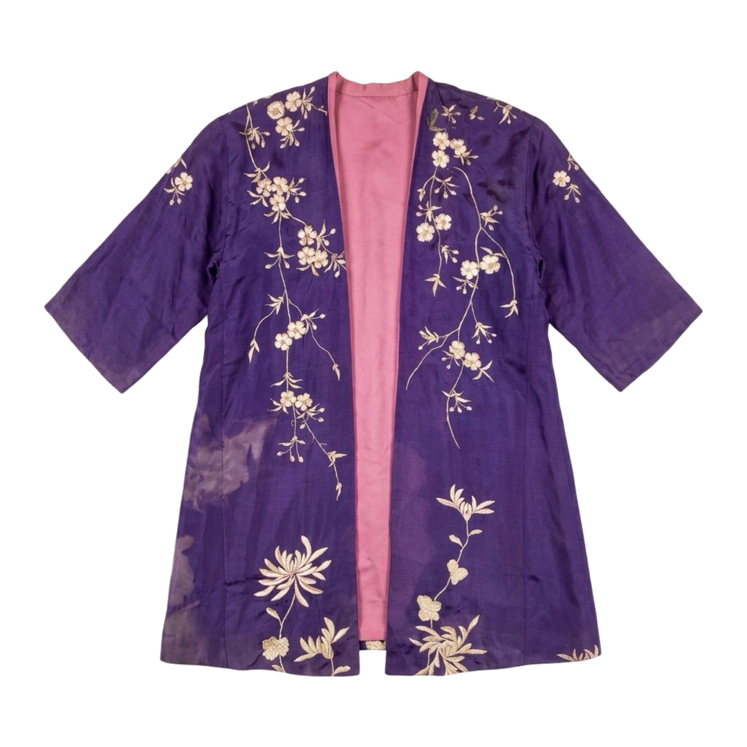 1960’S FADED & THRASHED 100% SILK HANDMADE IN JAPAN EMBROIDERED SAKURA KIMONO MEDIUM