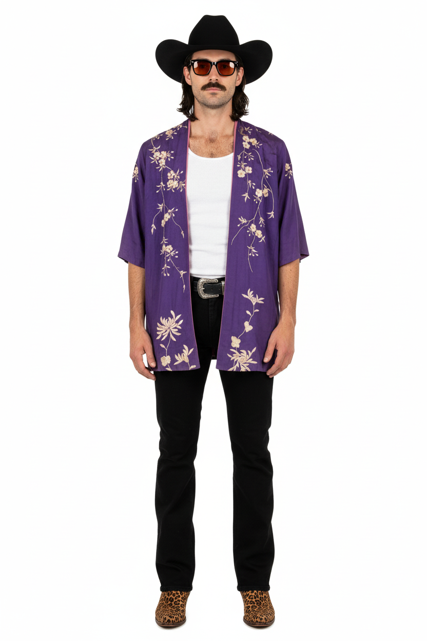 1960’S FADED & THRASHED 100% SILK HANDMADE IN JAPAN EMBROIDERED SAKURA KIMONO MEDIUM