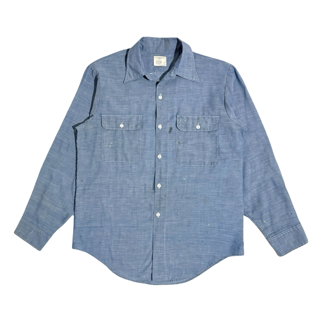 1970’S BIG MAC MADE IN USA THRASHED SELVEDGE DENIM CHAMBRAY TWO POCKET L/S B.D. WORK SHIRT LARGE