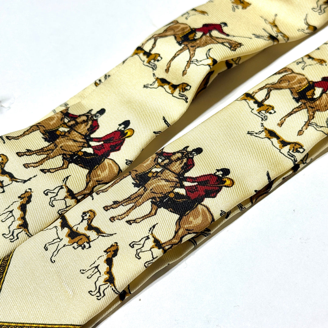 1970’S POLO RALPH LAUREN MADE IN ENGLAND FOX HUNT PRINTED SILK AND LEATHER BRACES