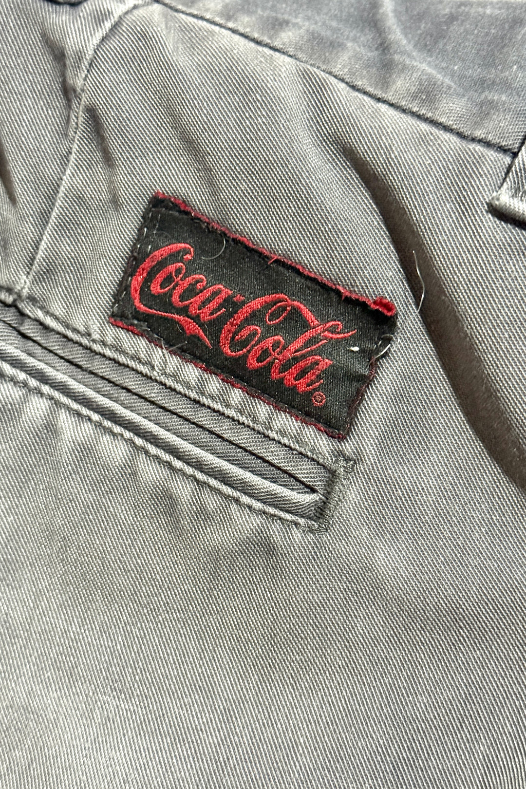 1990’S RIVERSIDE MASTER BILT MADE IN USA FADED & THRASHED COCA COLA WORKWEAR CUT OFF CHINOS 32 X 26
