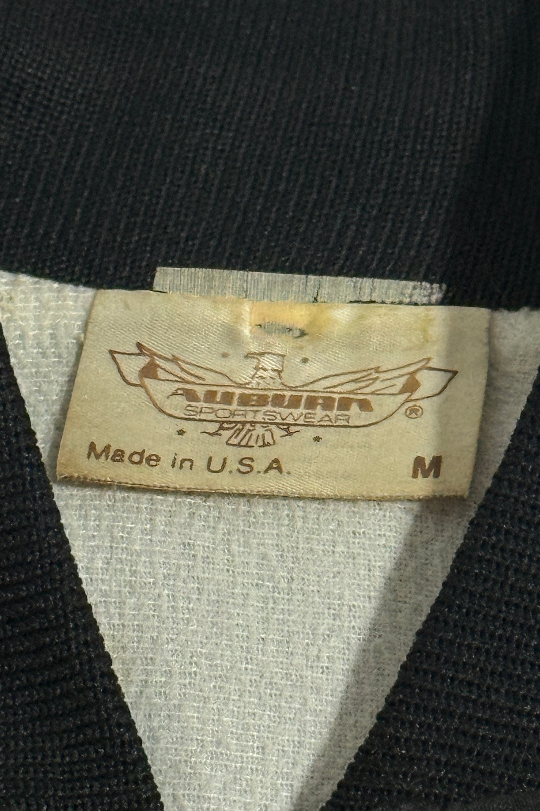 1990’S GOLD ZIA MADE IN USA CROPPED BLACK RAGLAN SLEEVE BASEBALL JACKET LARGE