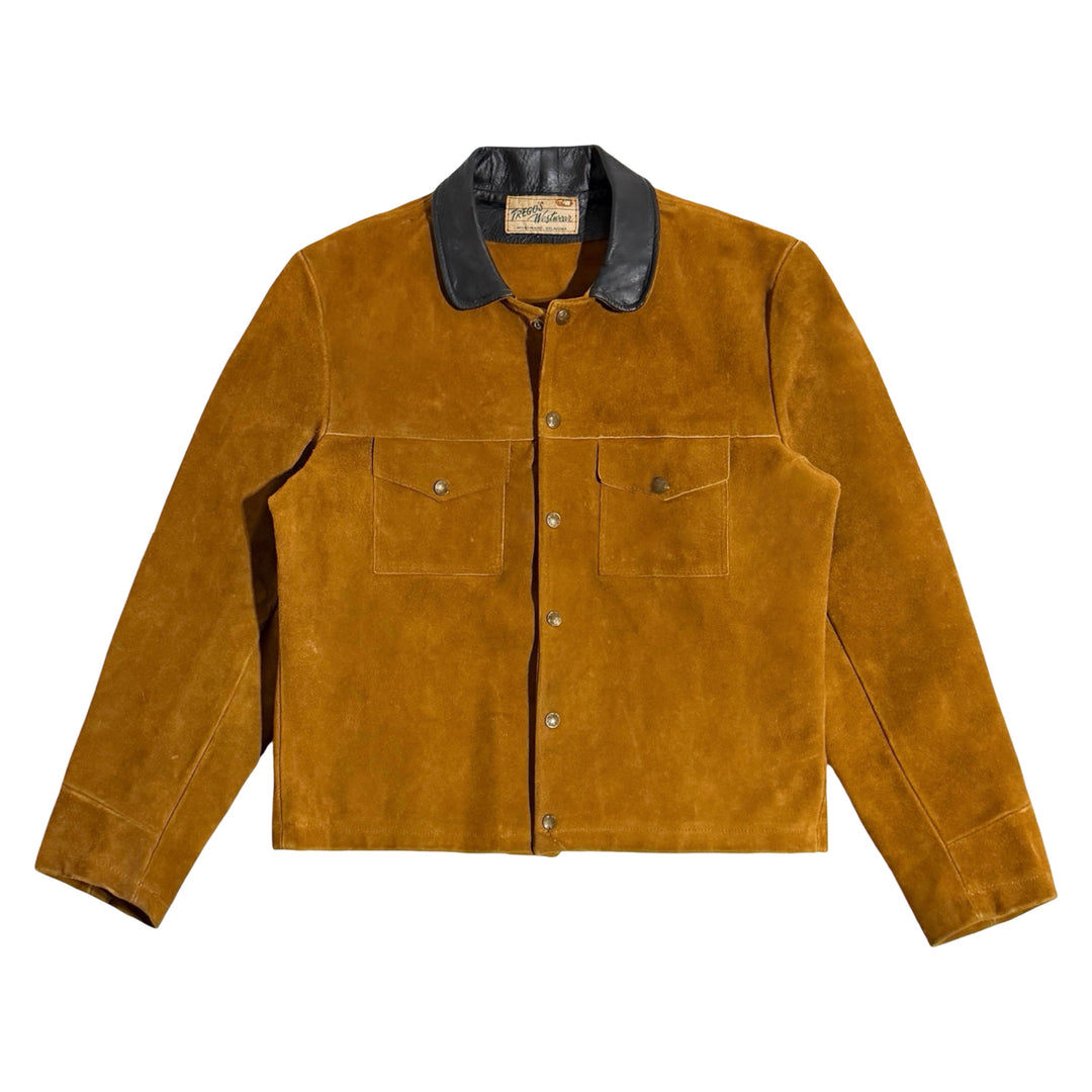 1950’S TREGO’S WESTWEAR MADE IN USA CROPPED BLACK LAMB COLLAR COGNAC SUEDE WESTERN TRUCKER JACKET LARGE