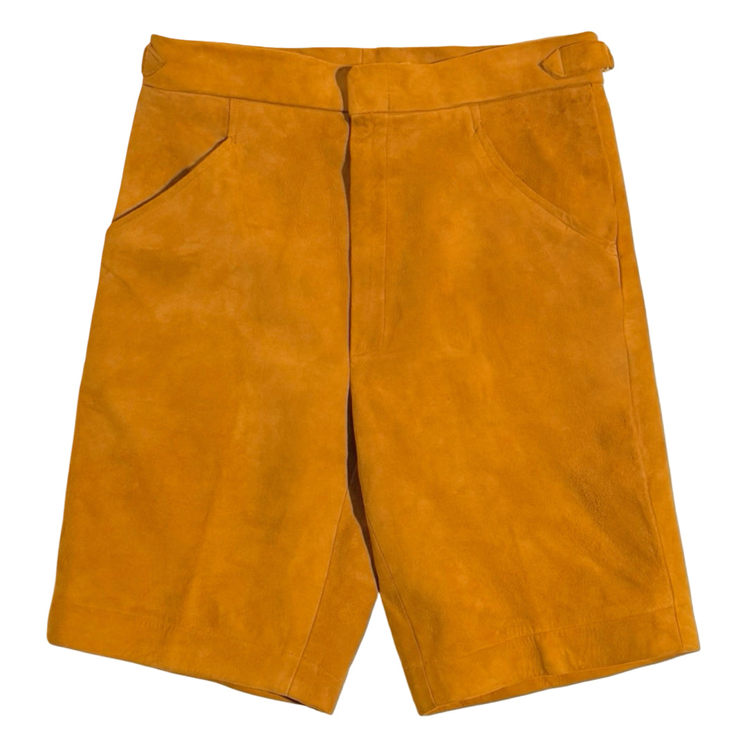 1960’S DEERSKIN SUEDE LEATHER MADE IN USA HIGH WAISTED SIDE CINCH FLORAL LINED 12” BERMUDA SHORTS 34