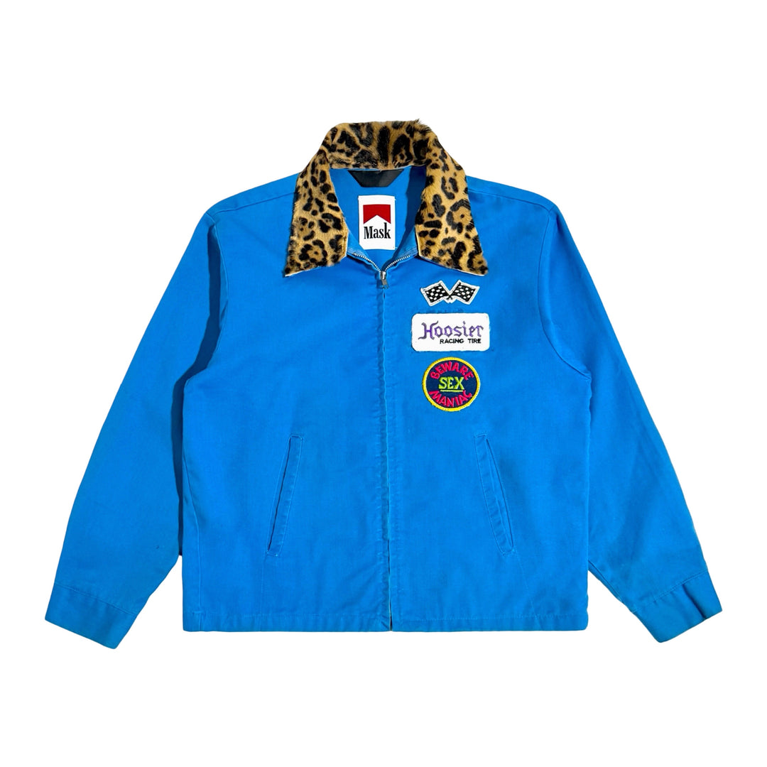1970’S MASK “SEX MANIAC” MADE IN USA CROPPED ITALIAN LEOPARD PRINT PONY HAIR COLLAR K BRAND PATCHED RACING JACKET LARGE