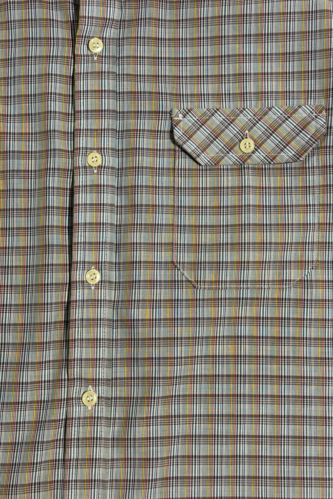 1970’S ARROW MADE IN USA CROPPED L SUNSET PLAID ONE POCKET CAMP COLLAR S/S B.D. SHIRT LARGE