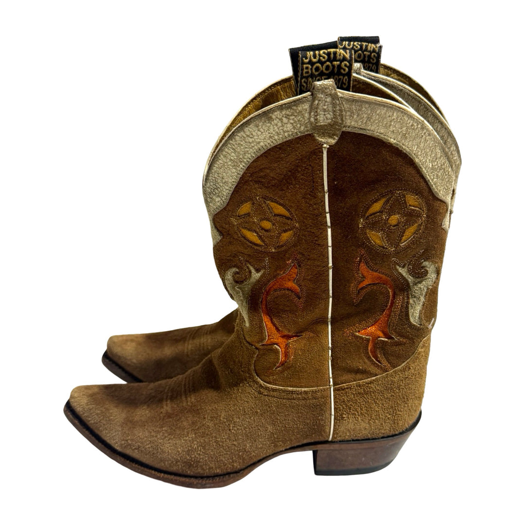 2000’S JUSTIN BOOTS VINTAGE LINE BROWN SUEDE CUT OUT LEATHER INLAY POINTED SNIP TOE COWBOY BOOTS 10