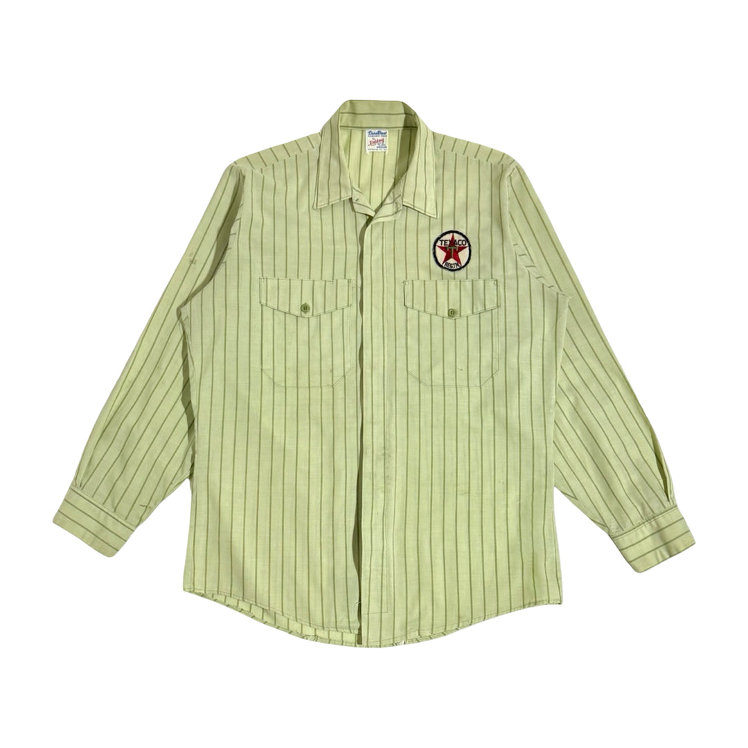 1960’S UNITOG UNION MADE IN USA KORATRON “TEXACO” PATCHED STRIPED SELVEDGE WORKWEAR L/S B.D. SHIRT LARGE