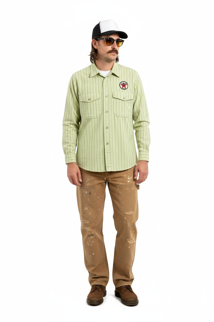1960’S UNITOG UNION MADE IN USA KORATRON “TEXACO” PATCHED STRIPED SELVEDGE WORKWEAR L/S B.D. SHIRT LARGE