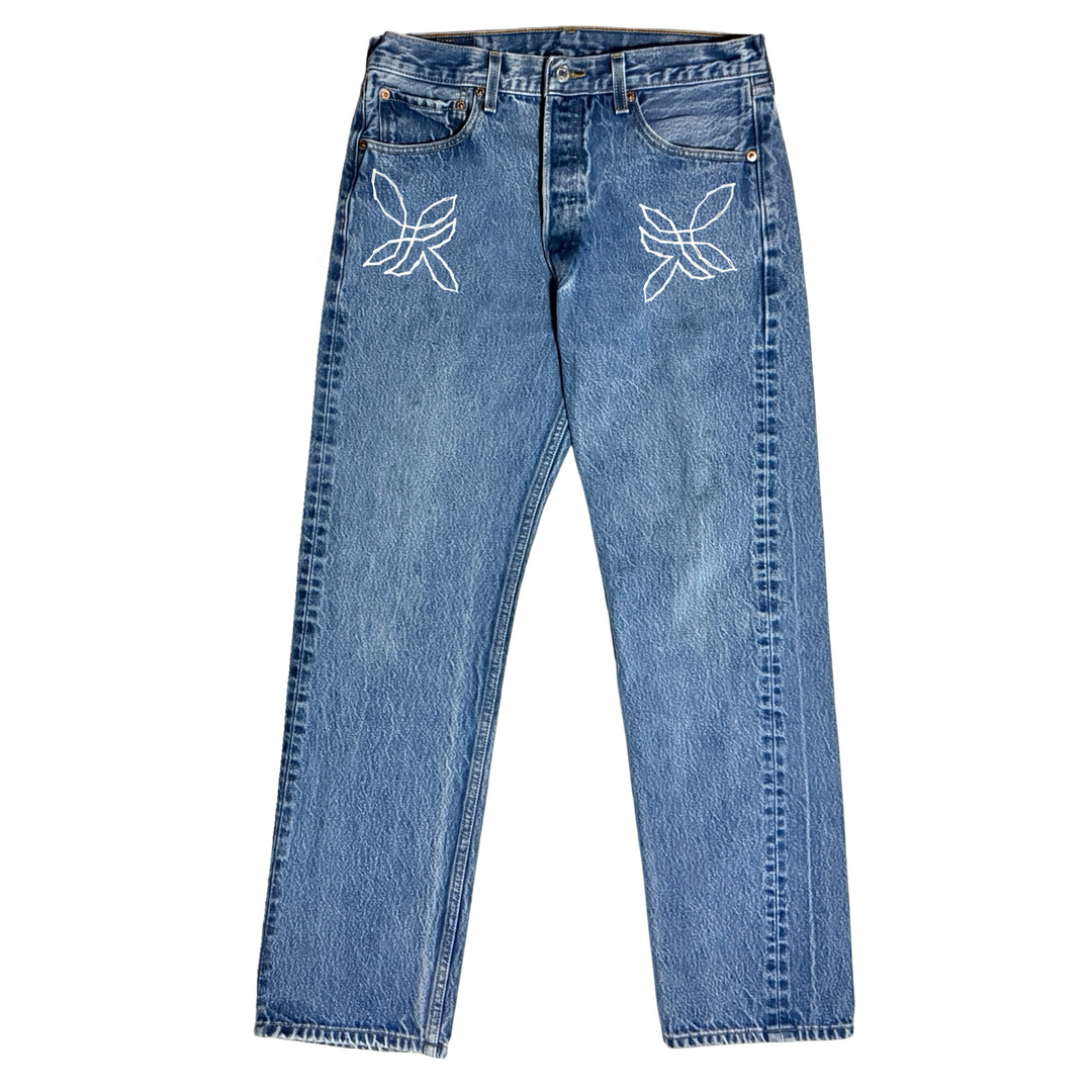 MASK X LEVI’S 501XX WESTERN HAND CHAINSTITCHED LIGHT WASH DENIM JEANS 34 X 30