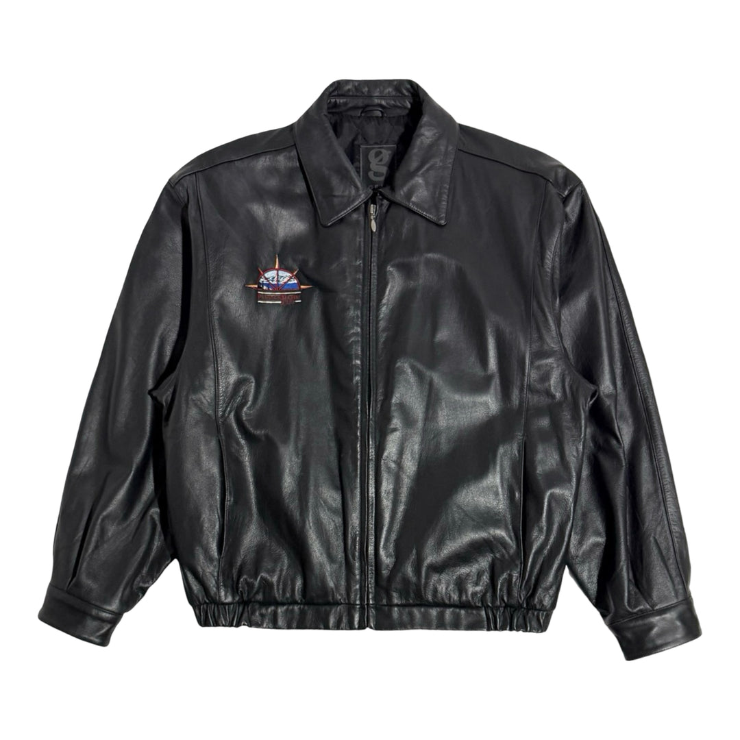 1990’S PLATINUM PLAYERS CLUB CROPPED BLACK LEATHER ZIP JACKET X-LARGE