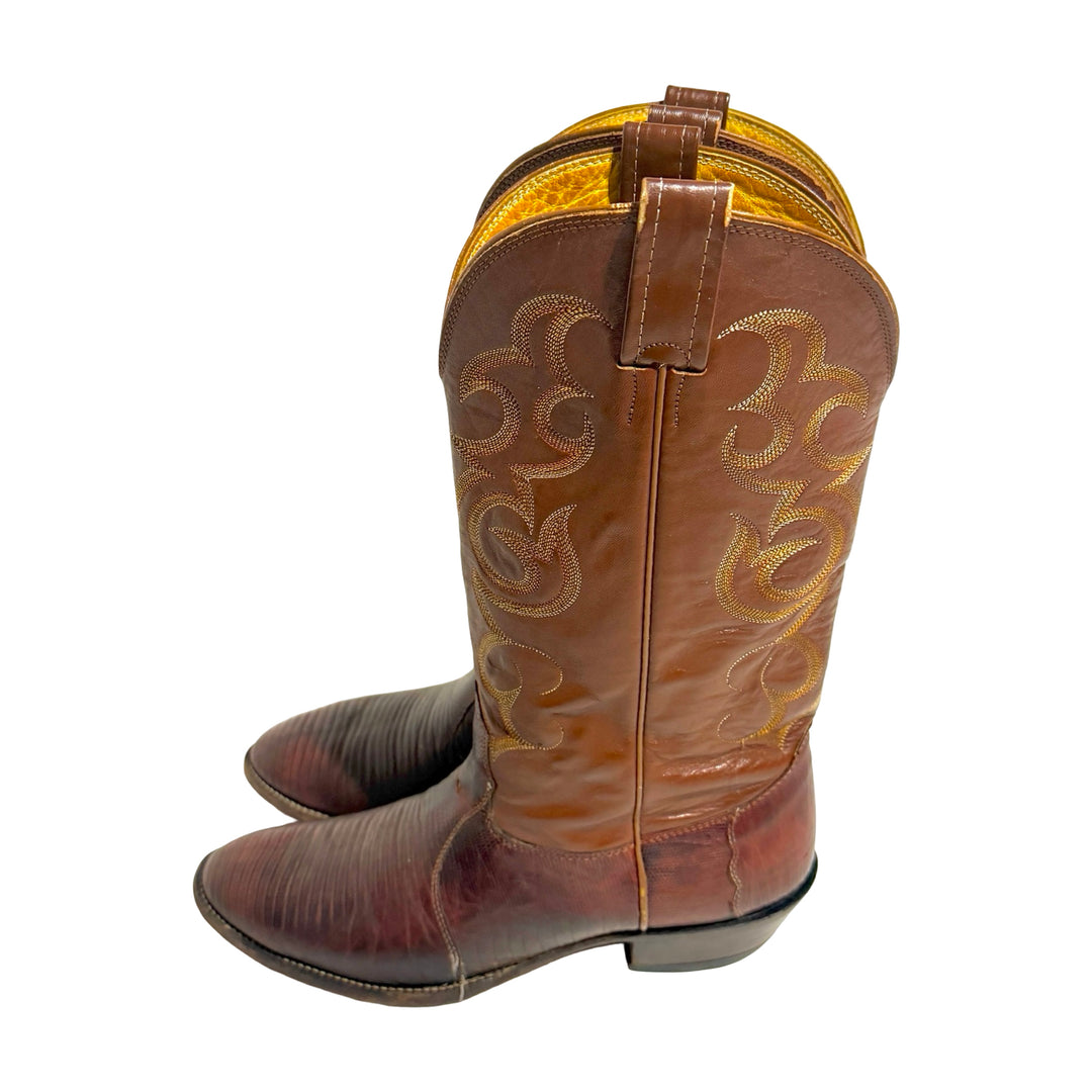 1990’S NACONA BOOTS MADE IN USA BROWN LIZARD 🦎 LEATHER EMBROIDERED ROUND TOE COWBOY BOOTS 10