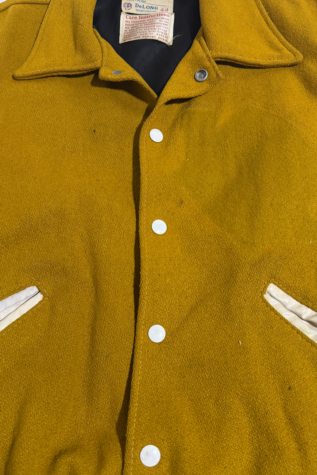 1970’S DELONG SPORTSWEAR MADE IN USA FADED &amp; THRASHED CROPPED MUSTARD / WHITE WOOL VARSITY JACKET LARGE