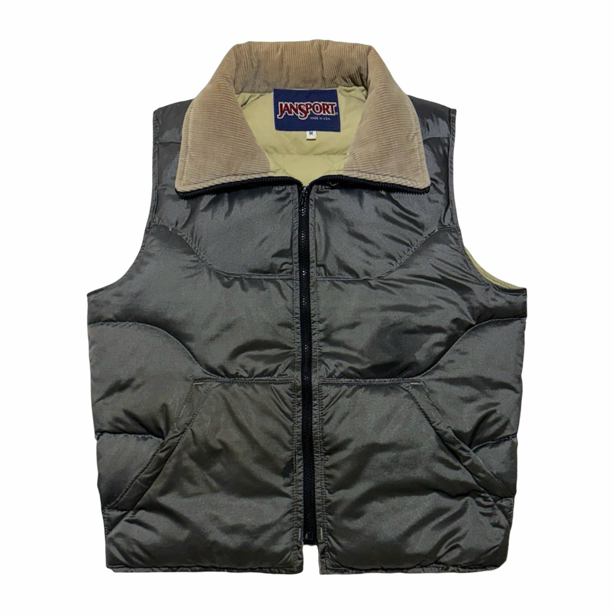 1980's JanSport made in USA olive gray nylon goose down corduroy collar cropped vest large
