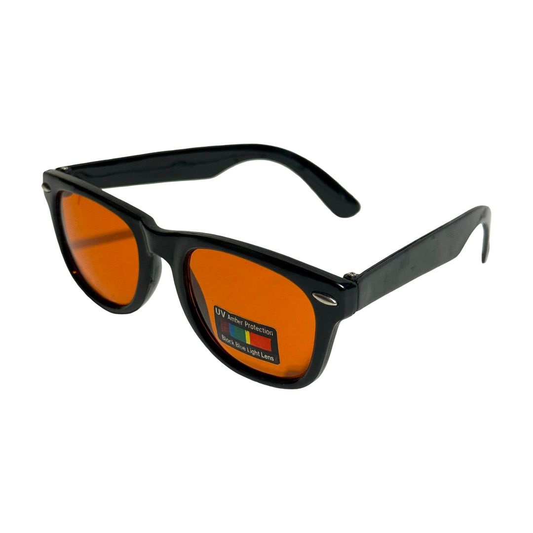 1980’S DEADSTOCK BLACK WAYFARER STYLE BLUE BLOCKER ORANGE LENS SUNGLASSES